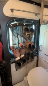 Magnetic Shoe Organizer on the back window of Travato