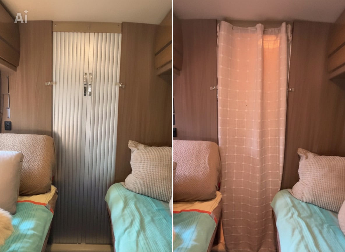 Travato 59K bathroom sliding door vs curtain