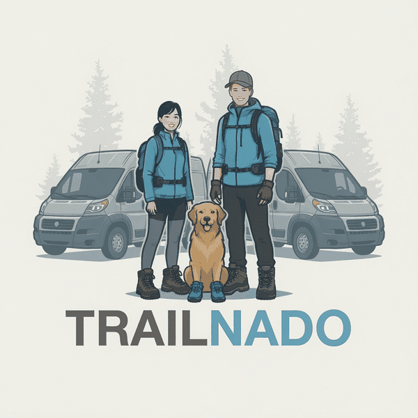 Trailnado logo: Nan, Trent and Tsali with their two vans